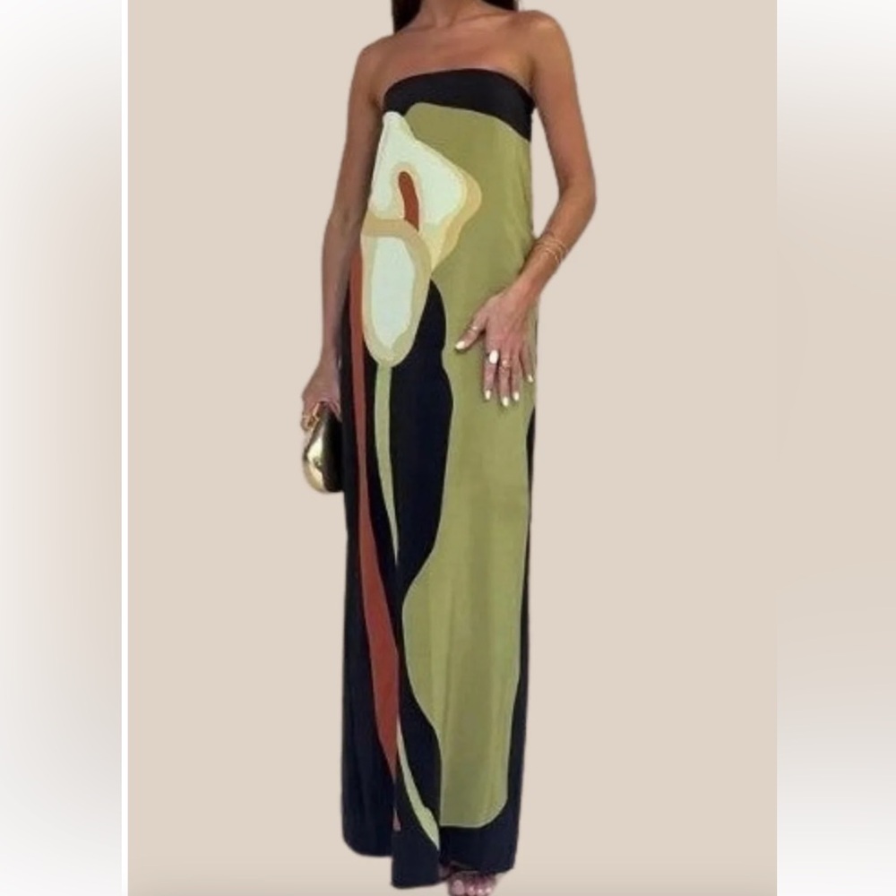 Green and Black Asymmetrical Slit Maxi Gown